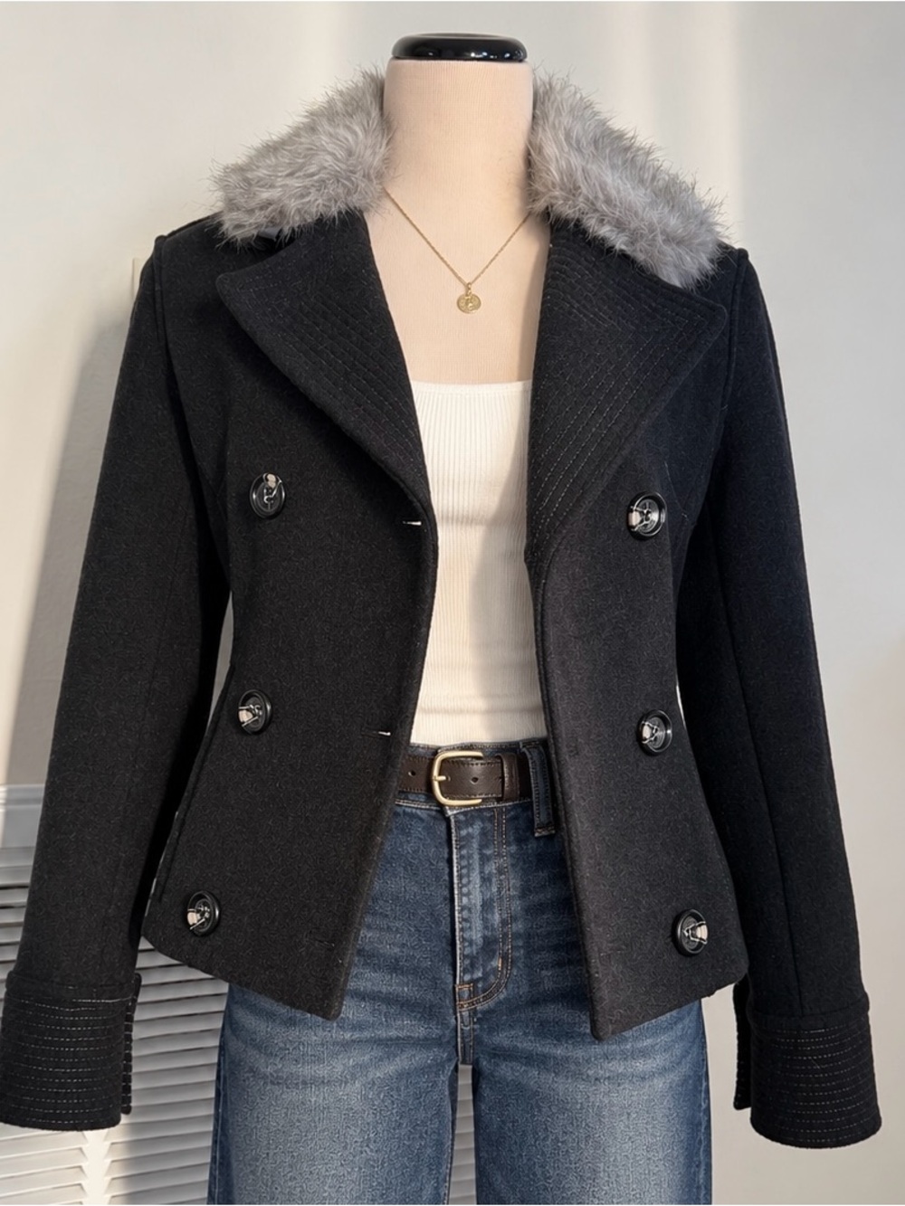 Lei Black Double-Breasted Wool Peacoat with Faux Fur Collar Y2K Academia Preppy